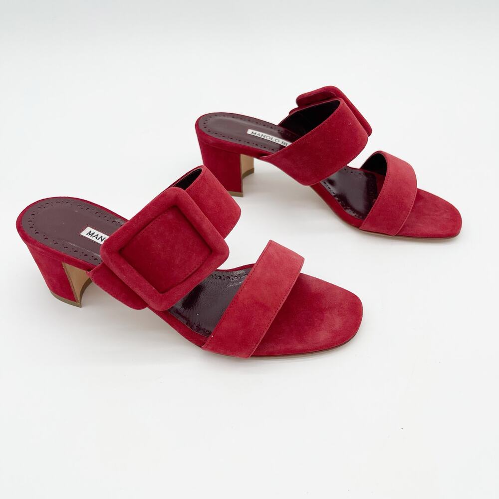 Manolo Blahnik Titubanew Red Suede Open Toe Buckle Mule Sandals Heels IT 37 - Picture 3 of 12